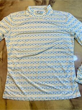 Tigora Polka Dot Stripe Turtleneck Top in White, Teal & Yellow